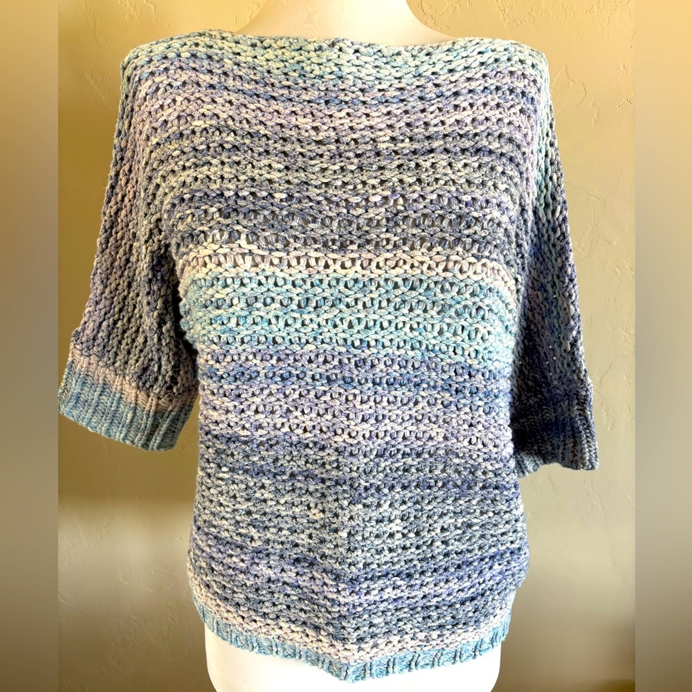 Chicos Multi Blue Boat Neck Chunky Knit Sweater Sz 1